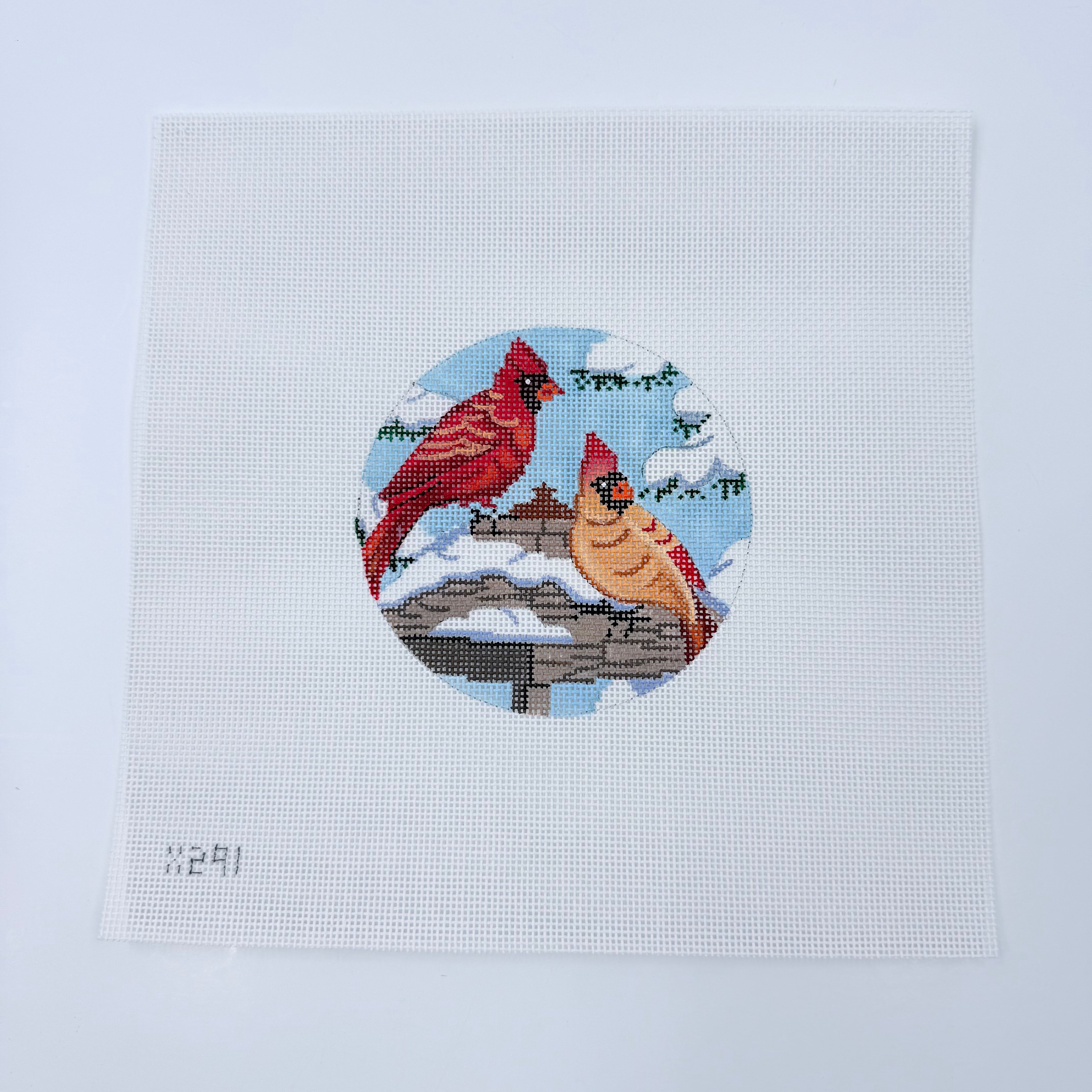 Two Cardinals Round Canvas - KC Needlepoint