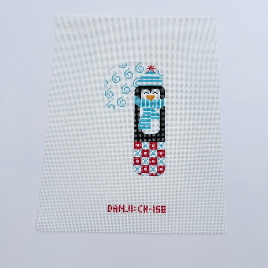 Blue Scarf Penguin Candy Cane Canvas - KC Needlepoint