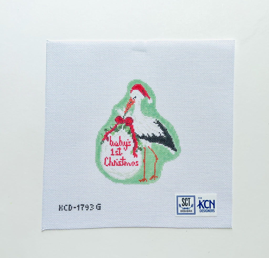Baby's First Christmas Green Stork Canvas - KC Needlepoint