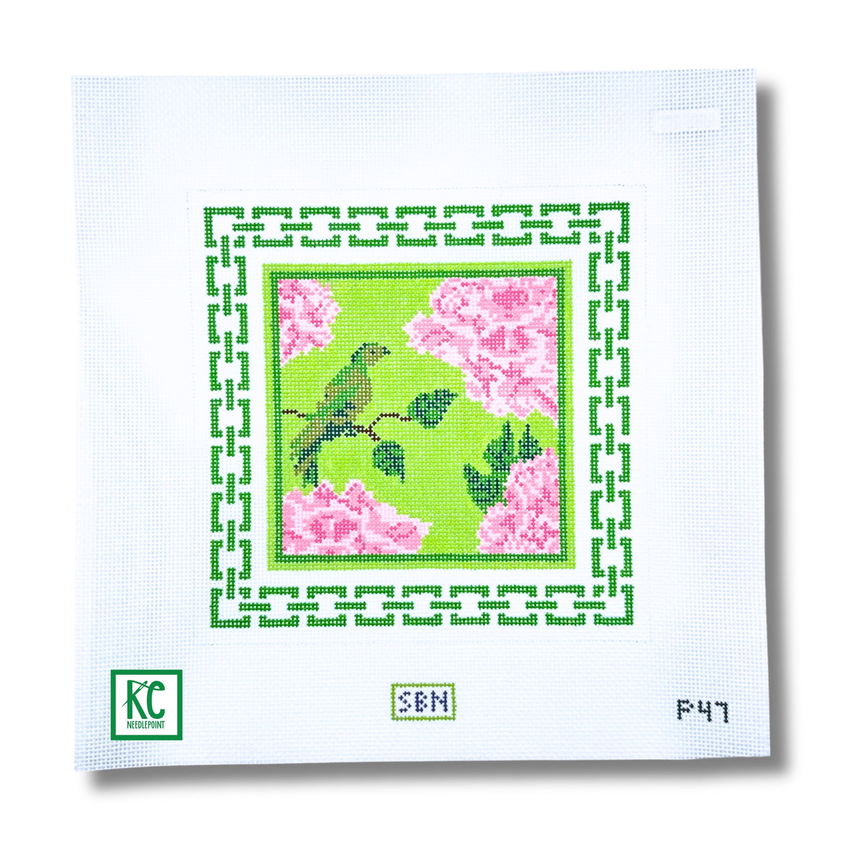 Green Bird and Peonies Canvas - KC Needlepoint