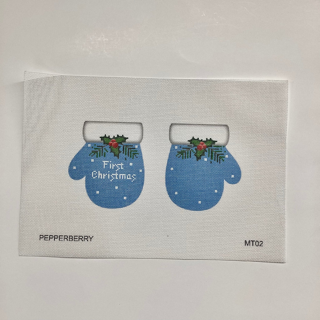 Light Blue First Christmas Mittens Canvas - KC Needlepoint