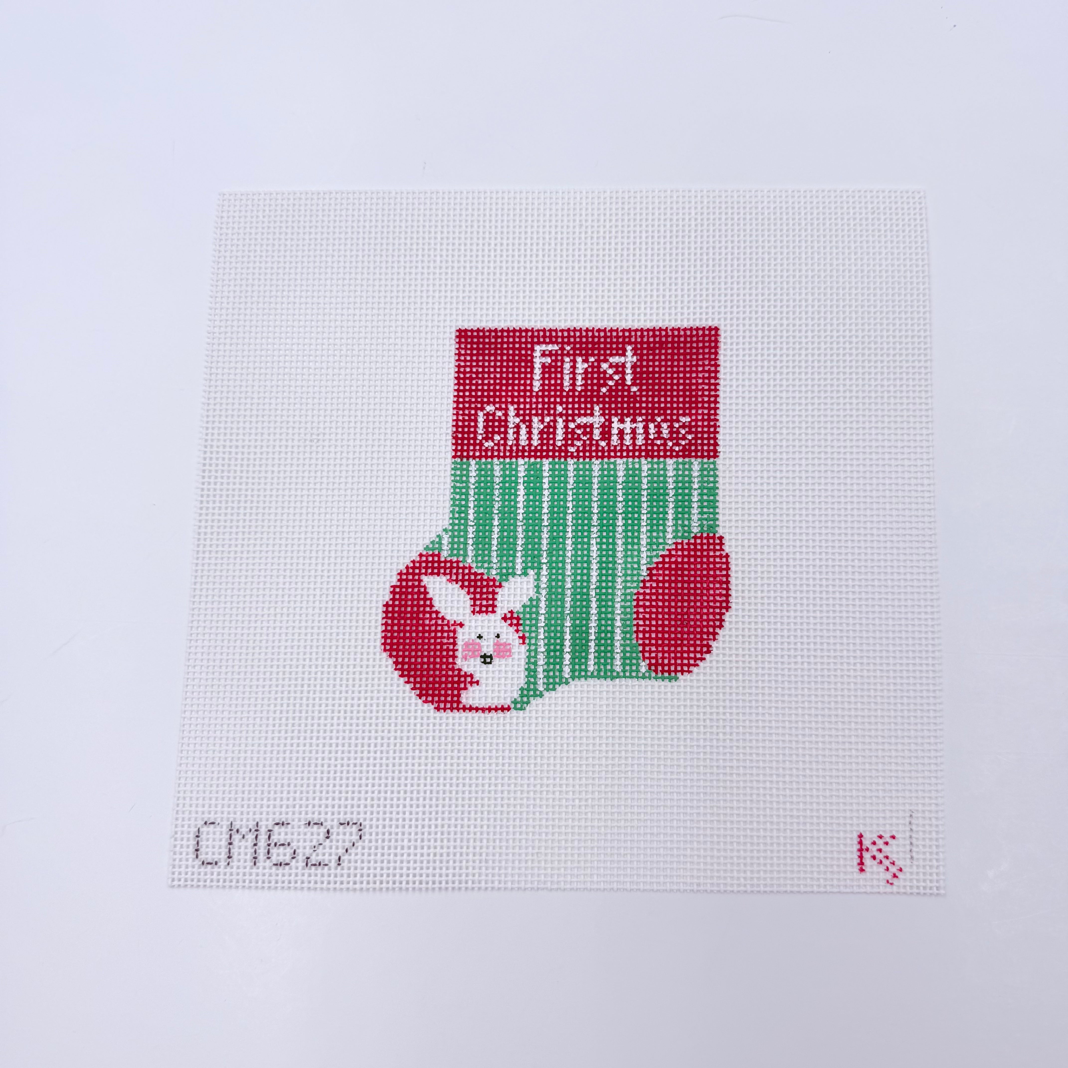 Baby's First Christmas Red and Green Mini Sock Canvas - KC Needlepoint