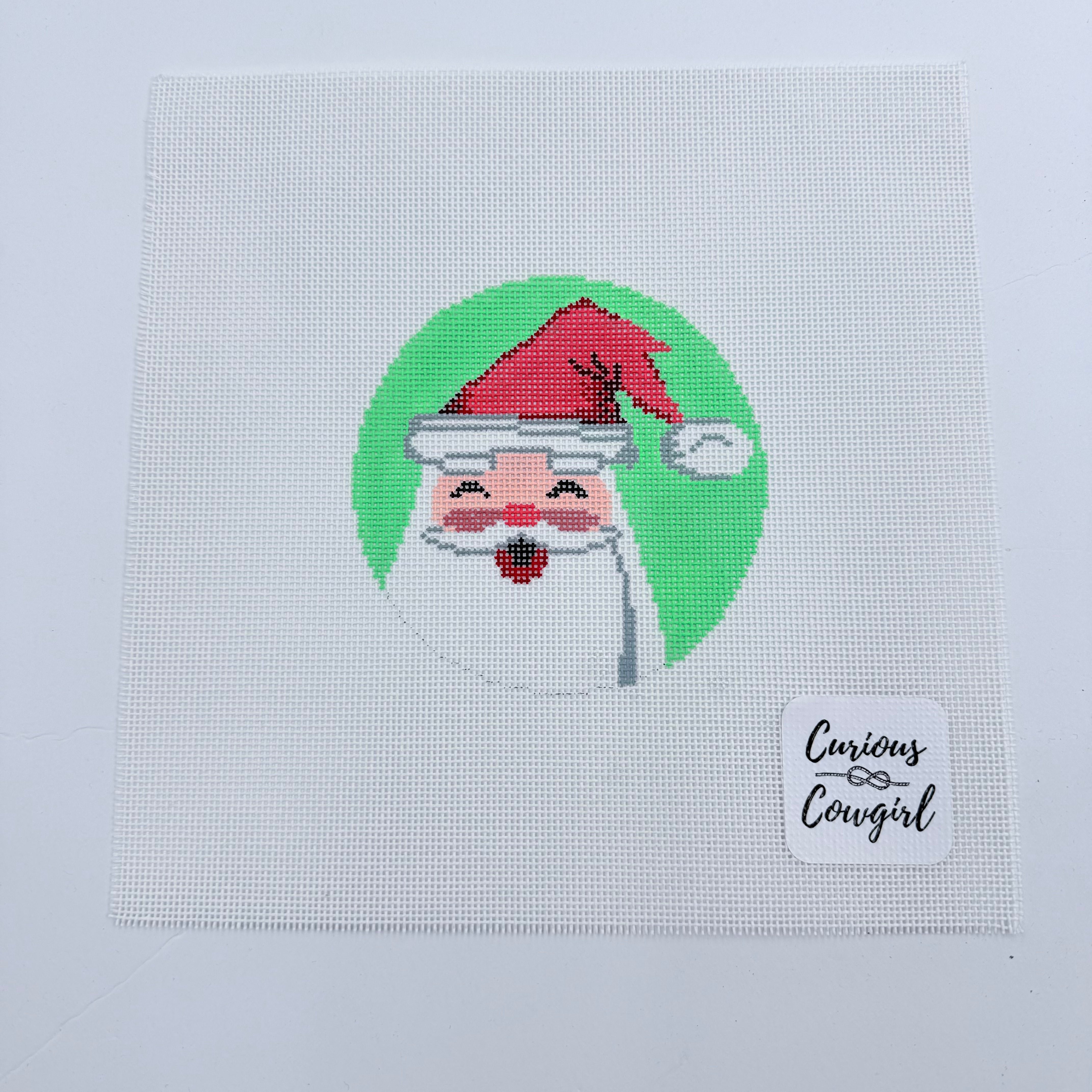 MId-Century Turquoise Santa Canvas - KC Needlepoint