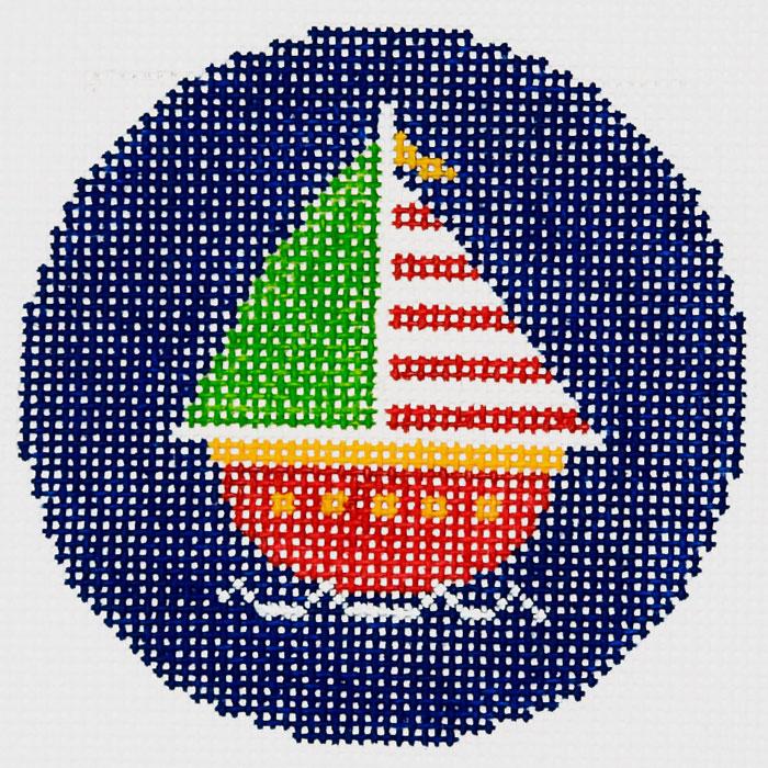 Sailboat 3" Round Canvas - KC Needlepoint