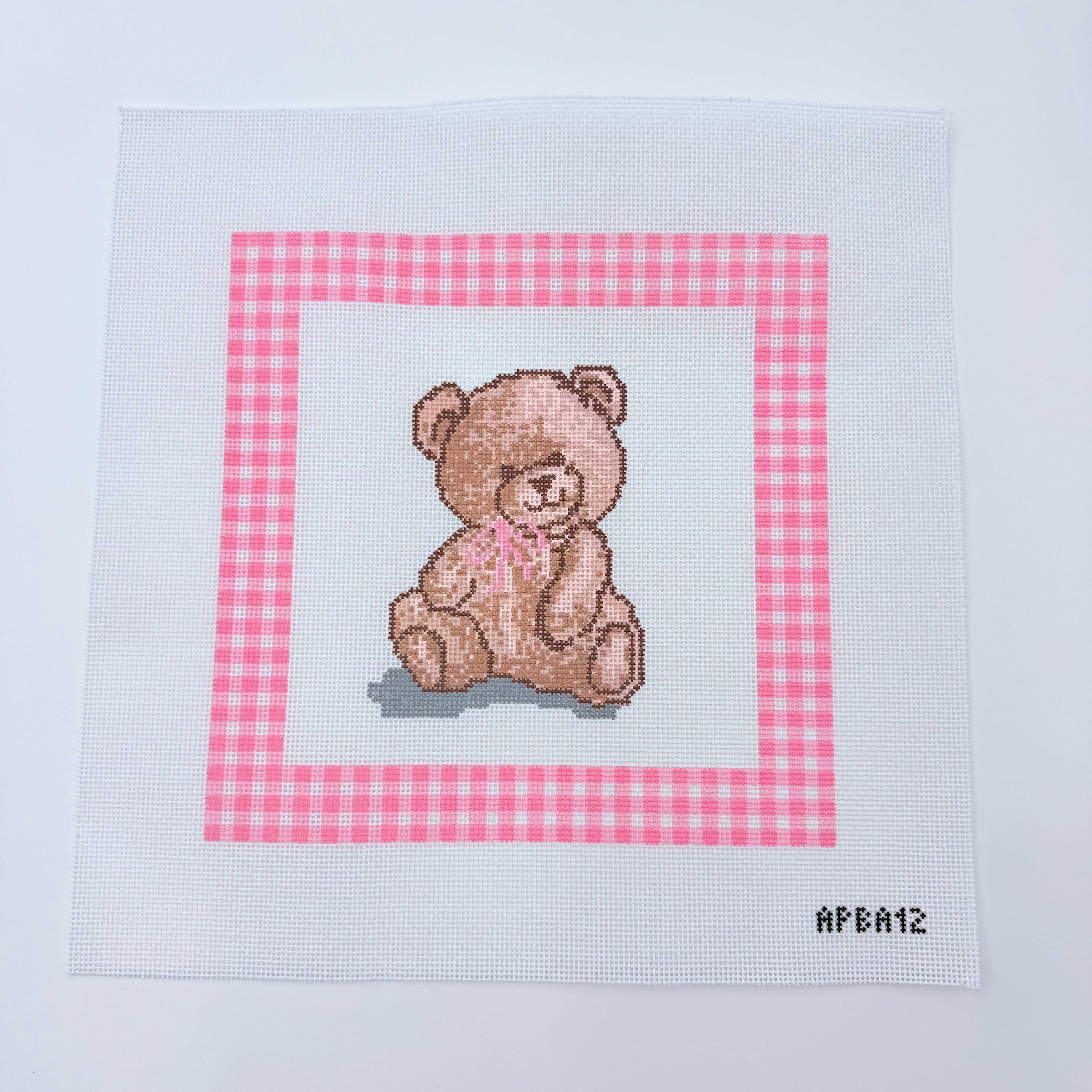 Bear Lovey with Pink Gingham Border Canvas - KC Needlepoint