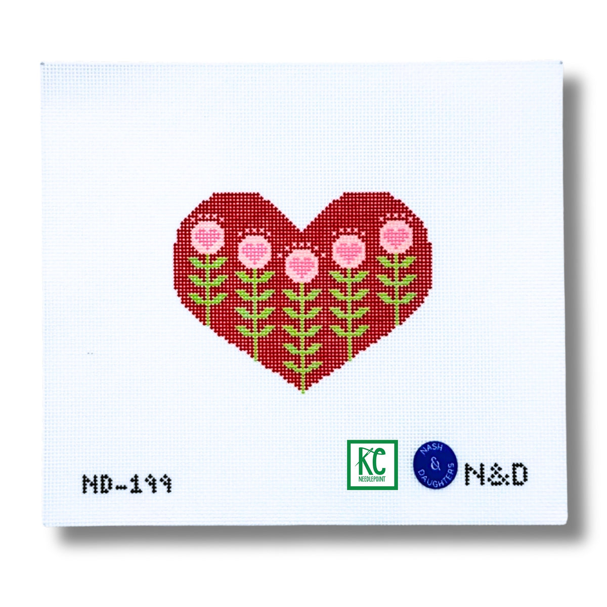 Block Print Red Heart with Flowers Canvas - KC Needlepoint