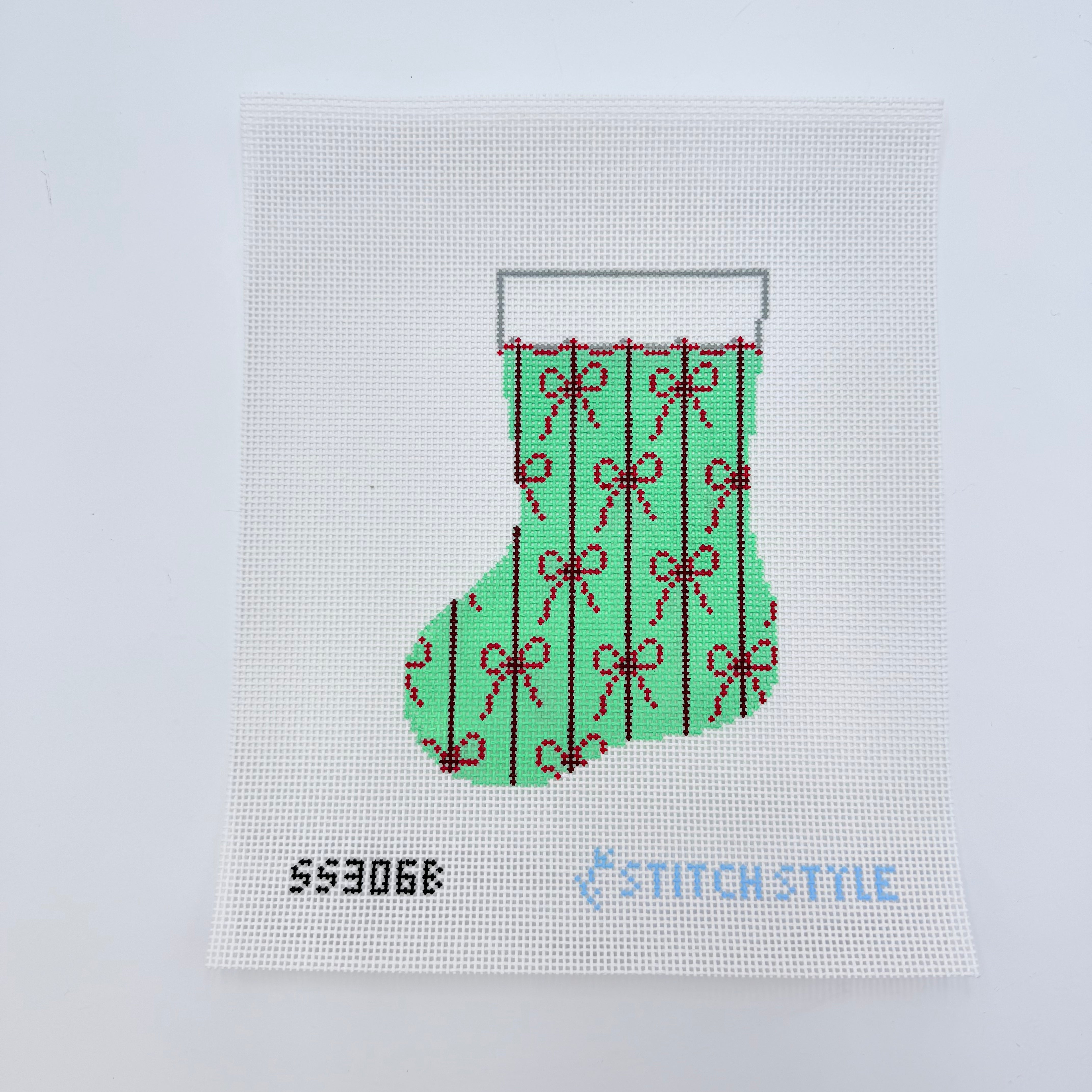 Red Bows on Green Mini Sock Needlepoint Canvas - KC Needlepoint