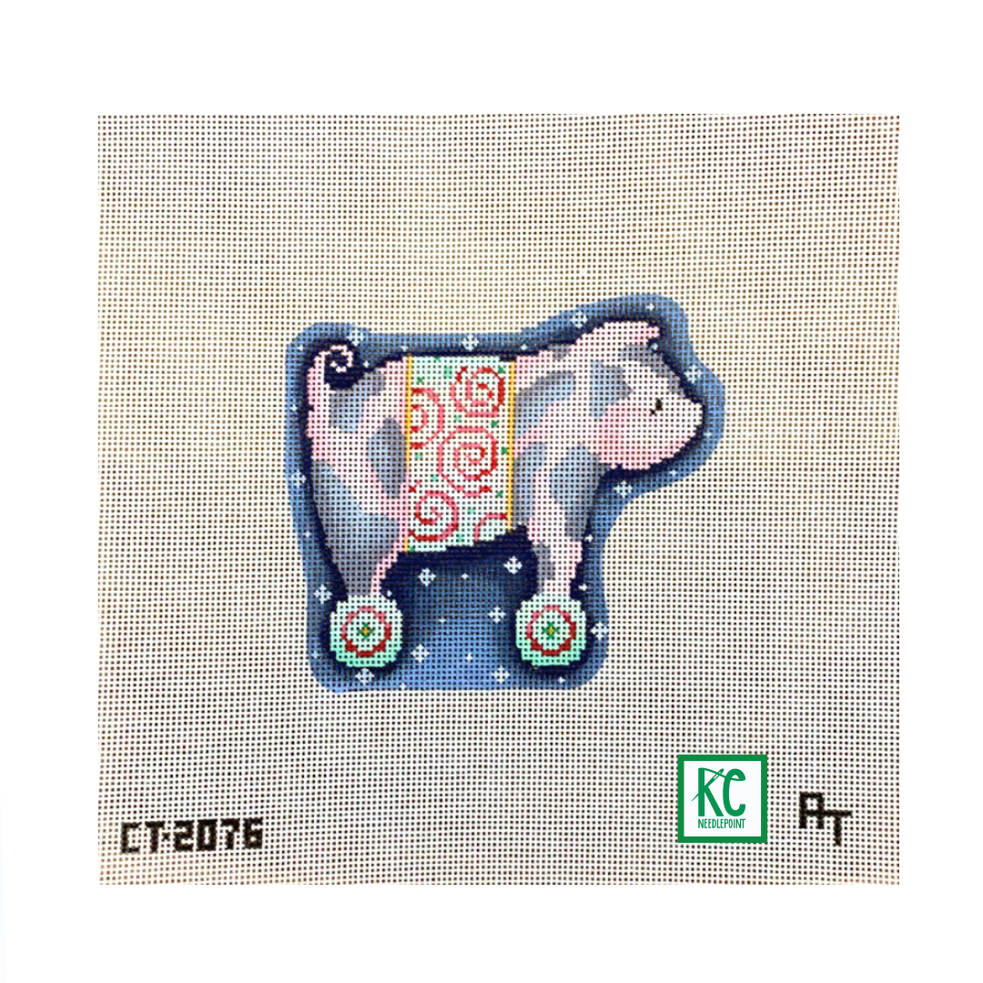 Swirls Pig on Wheels Ornament Canvas - KC Needlepoint