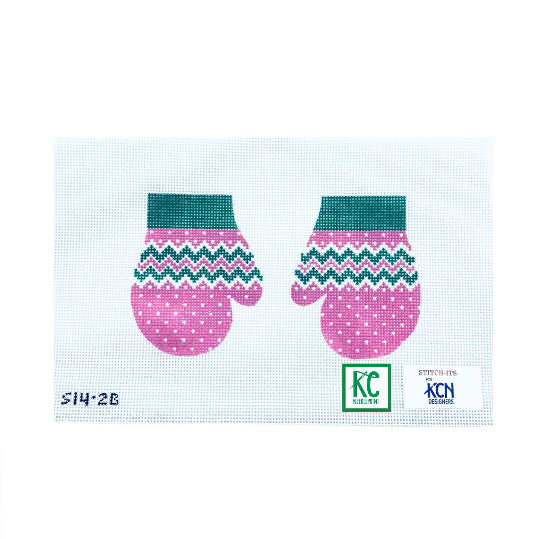 Pink and Green Mittens Canvas - KC Needlepoint