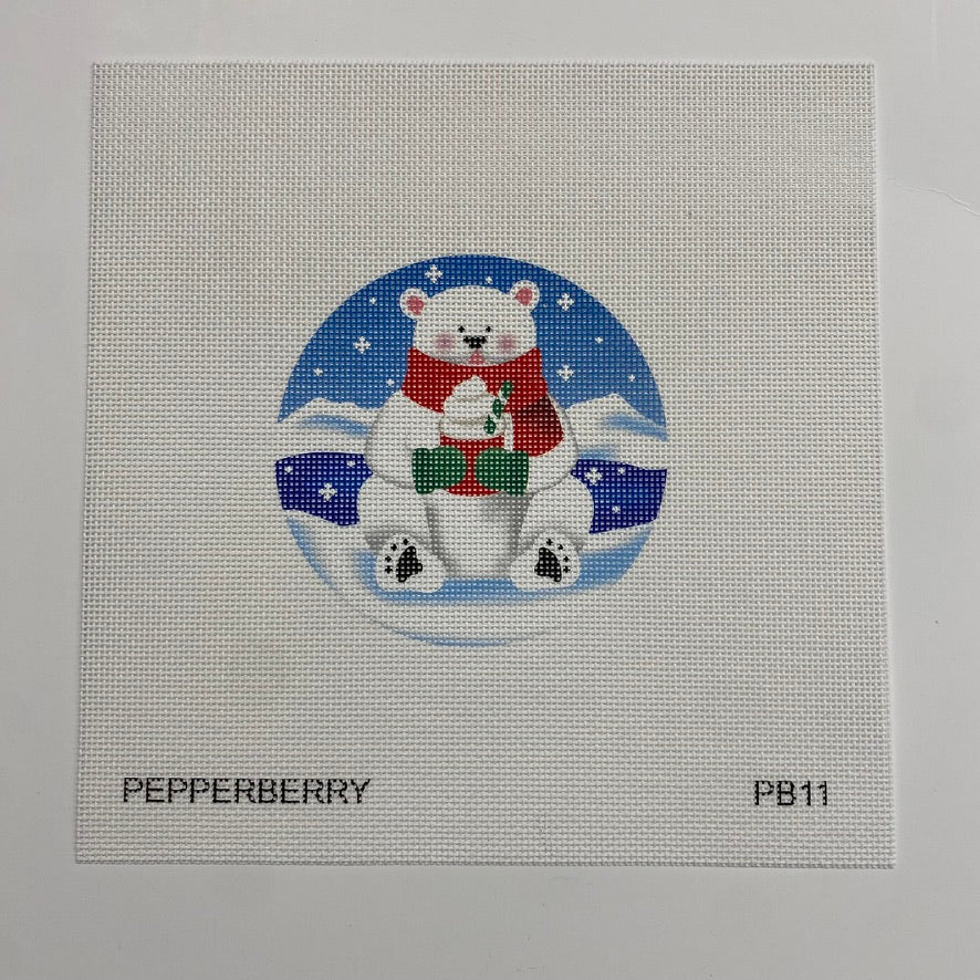Polar Bear with Cup Ornament Canvas - KC Needlepoint