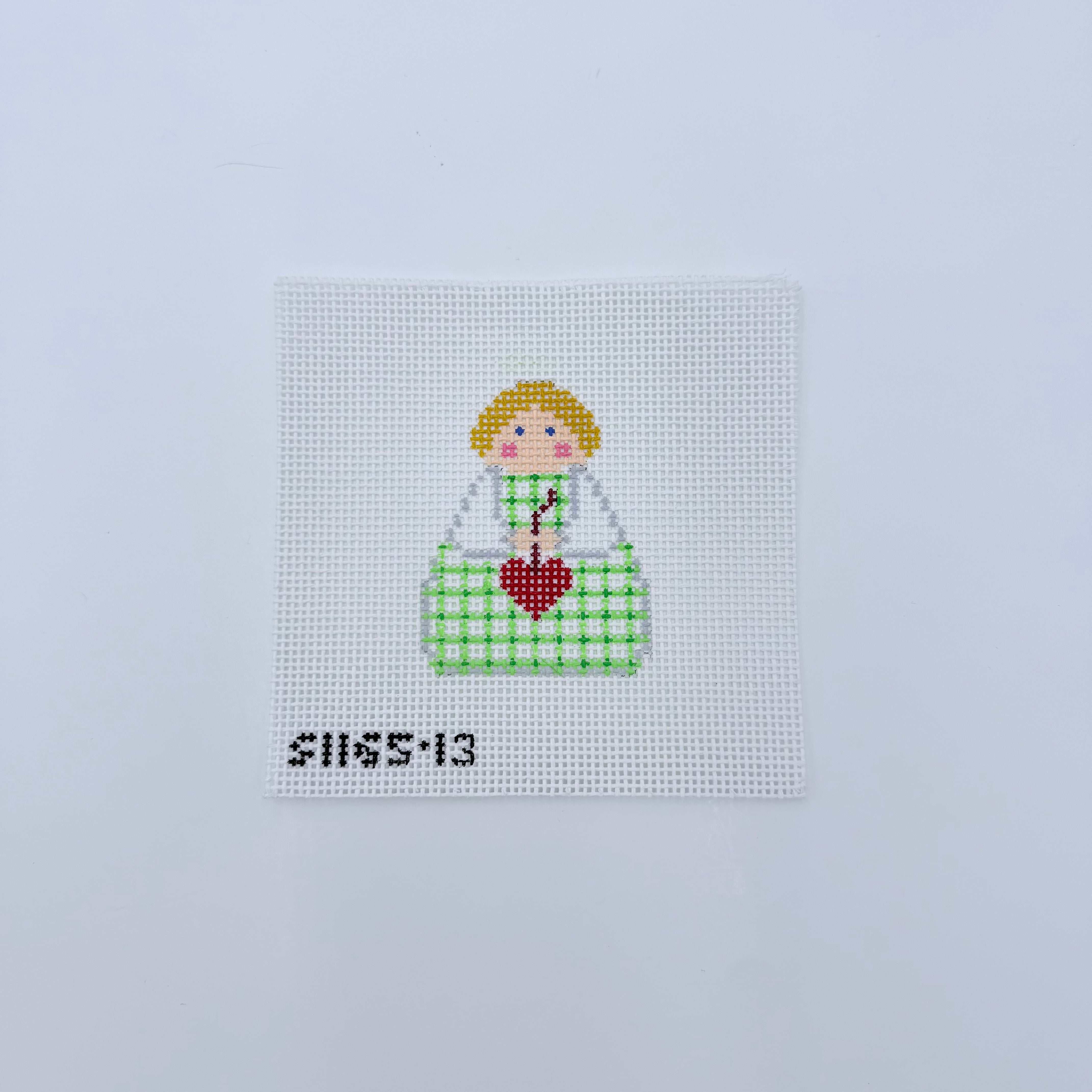 Green Plaid with Red Heart Angel Canvas - KC Needlepoint