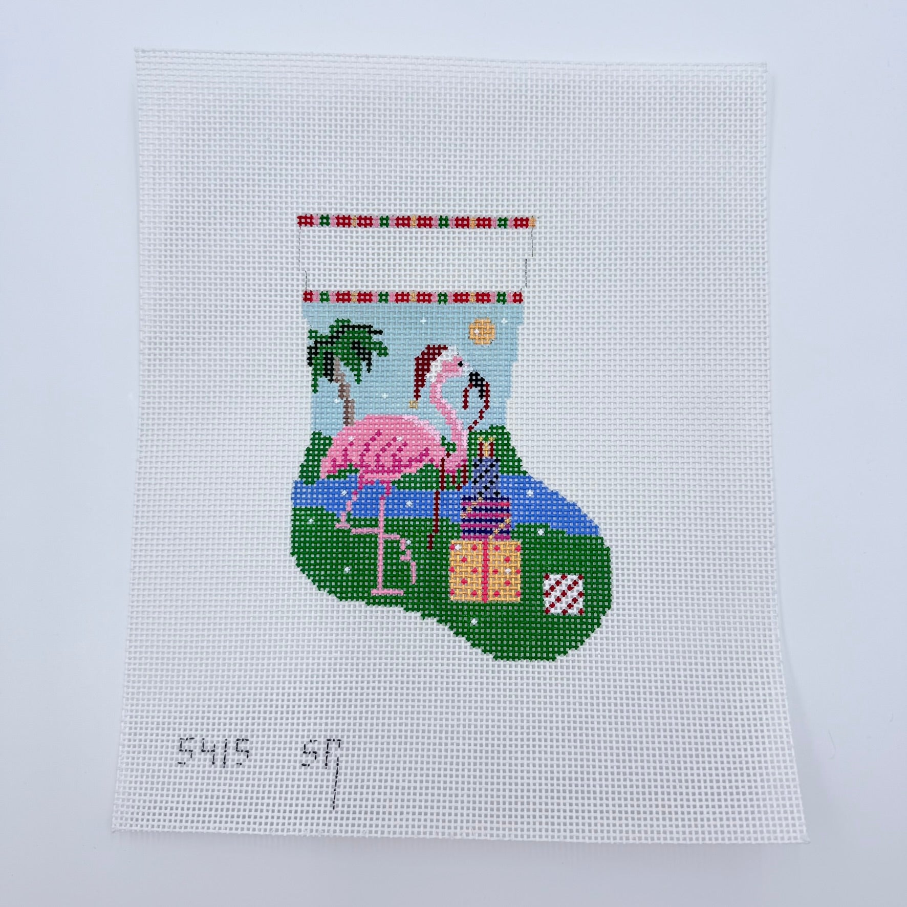 Flamingo with Presents Mini Stocking Canvas - KC Needlepoint
