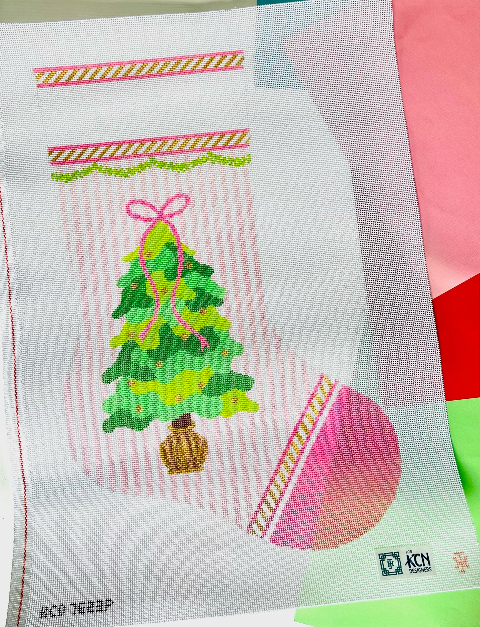 Tree on Pink Stocking Canvas - KC Needlepoint