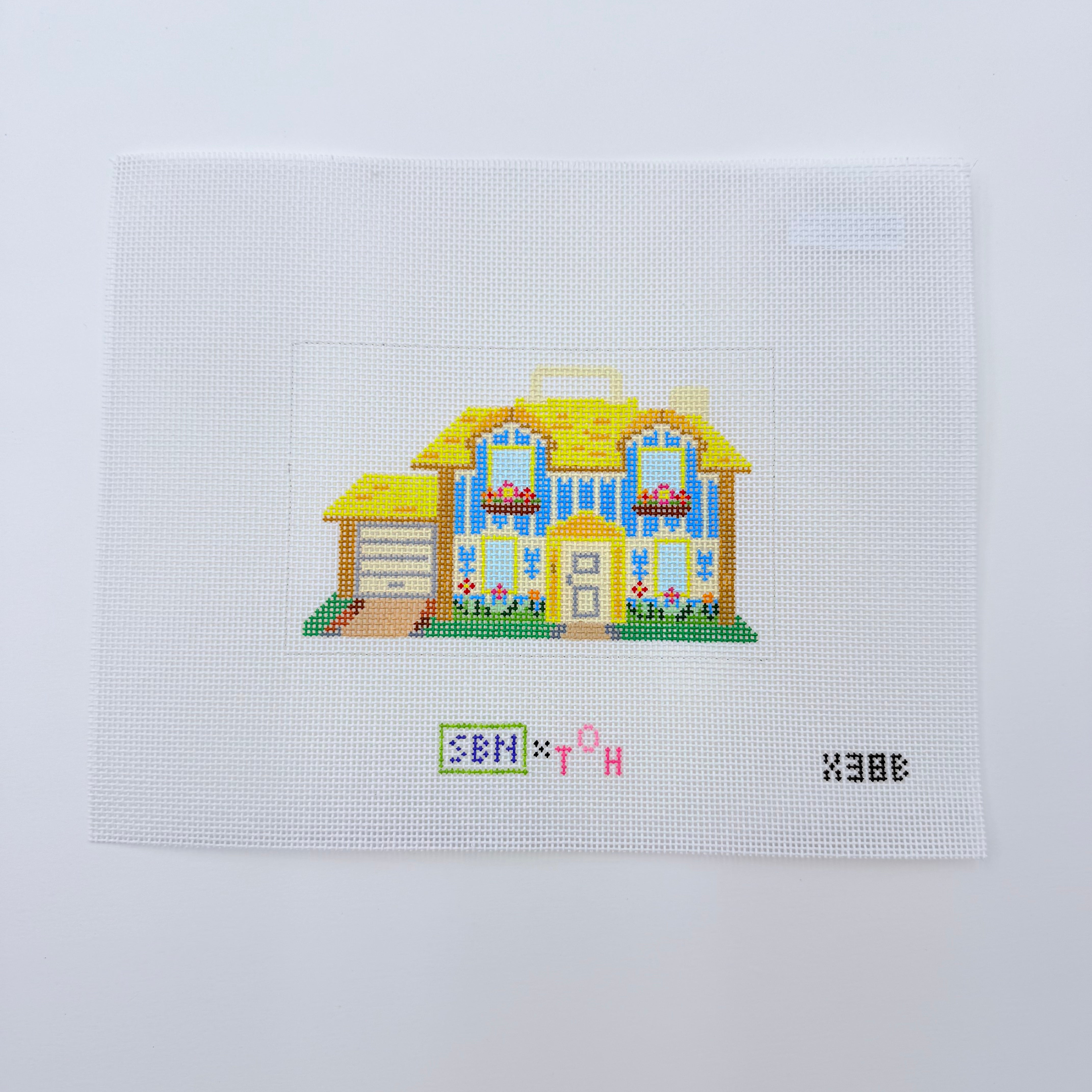 Yellow and Blue House Canvas - KC Needlepoint