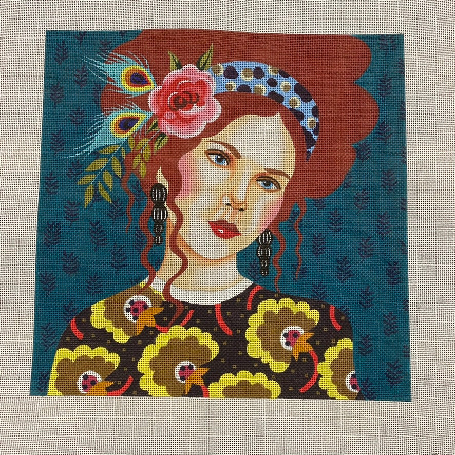 Lady with Turquoise Background Canvas - KC Needlepoint