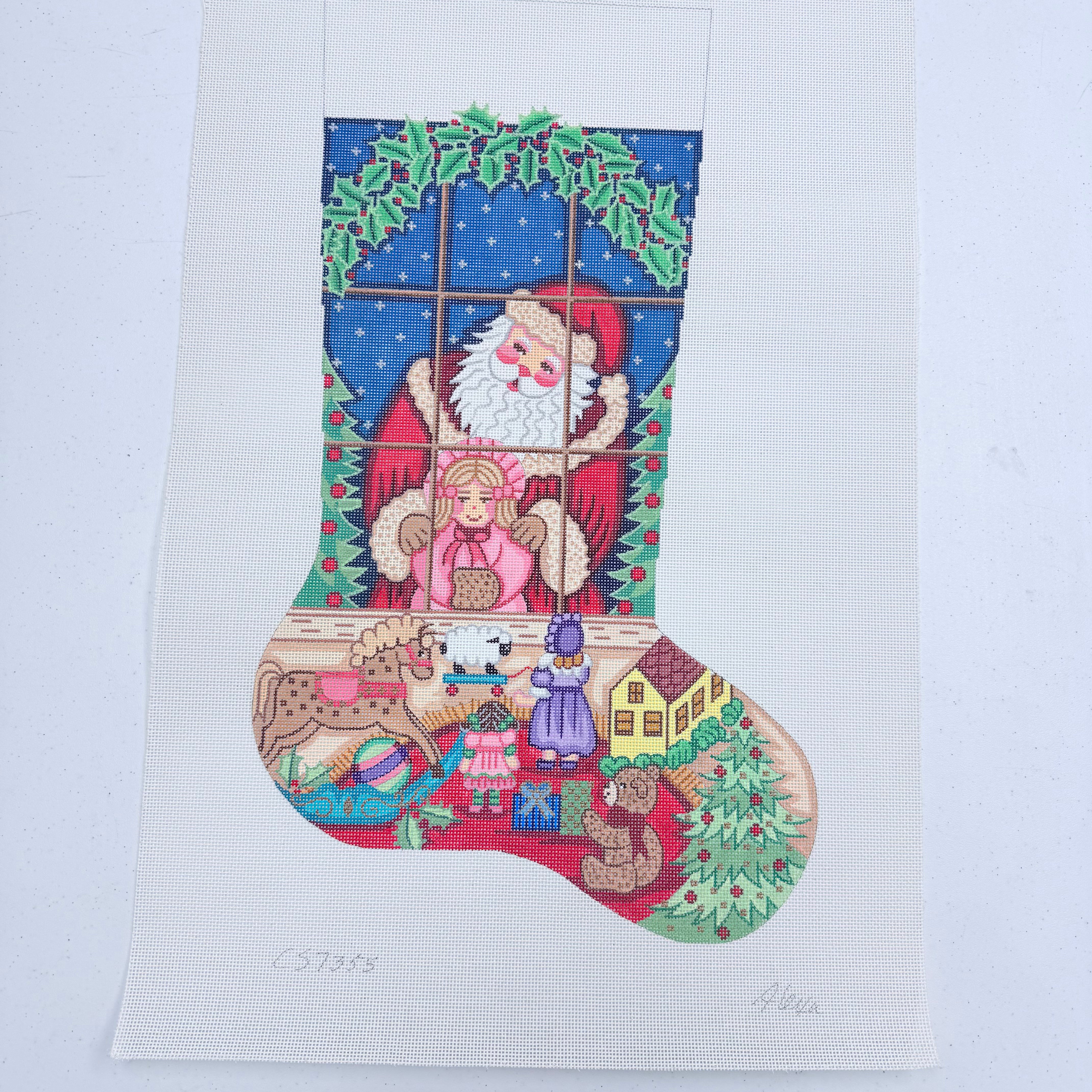 Santa and Girl Looking in Window Stocking 7355 - KC Needlepoint