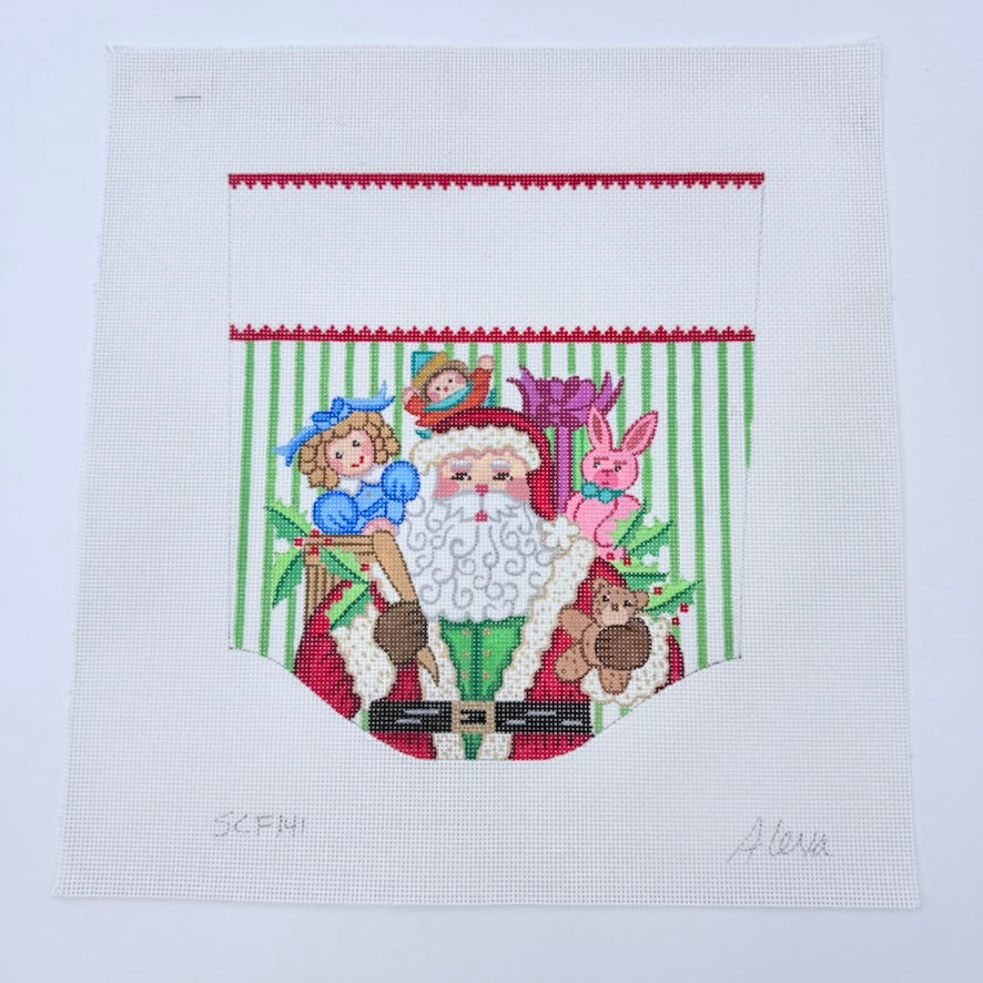 Santa with Girl Toys Stocking Cuff Canvas - KC Needlepoint