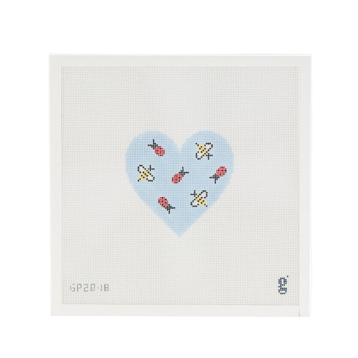 Blue Love Bug Heart Canvas - KC Needlepoint
