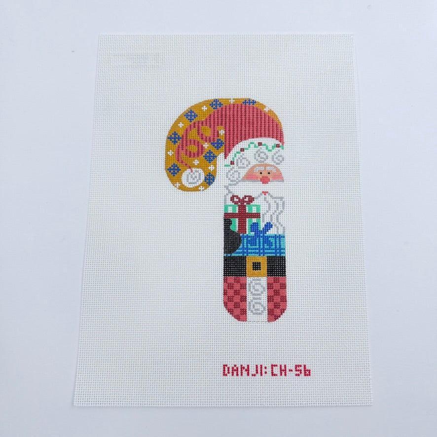 Santa with Present Candy Cane Canvas - KC Needlepoint