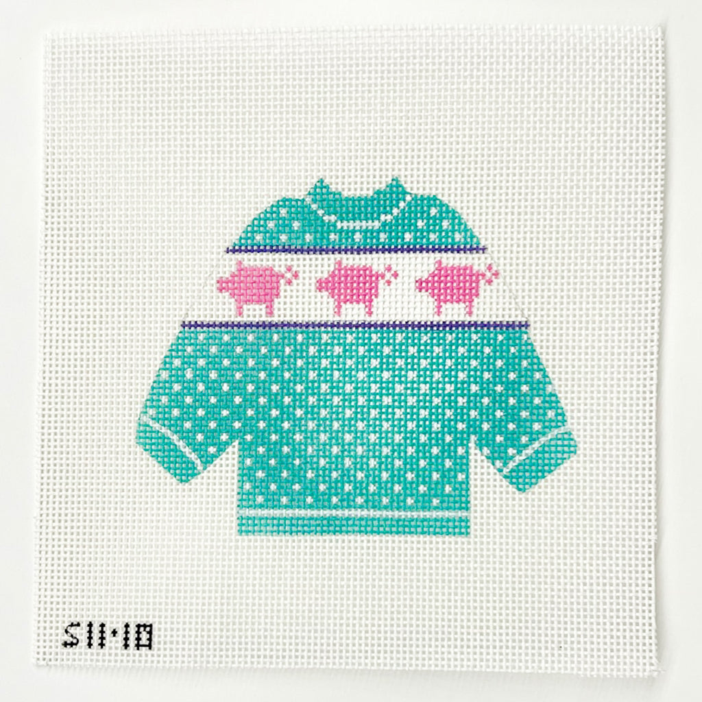 Pink Pigs Sweater Needlepoint Canvas - KC Needlepoint