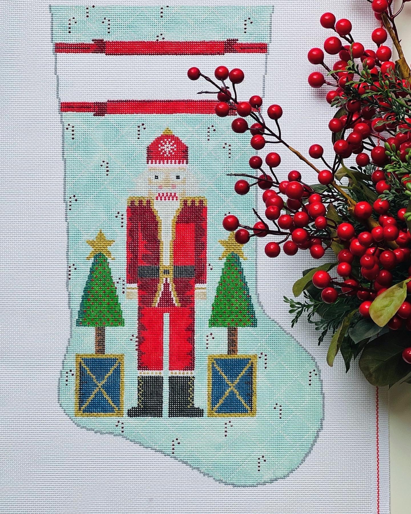 Santa Nutcracker with Stars on Blue Stocking Canvas - KC Needlepoint