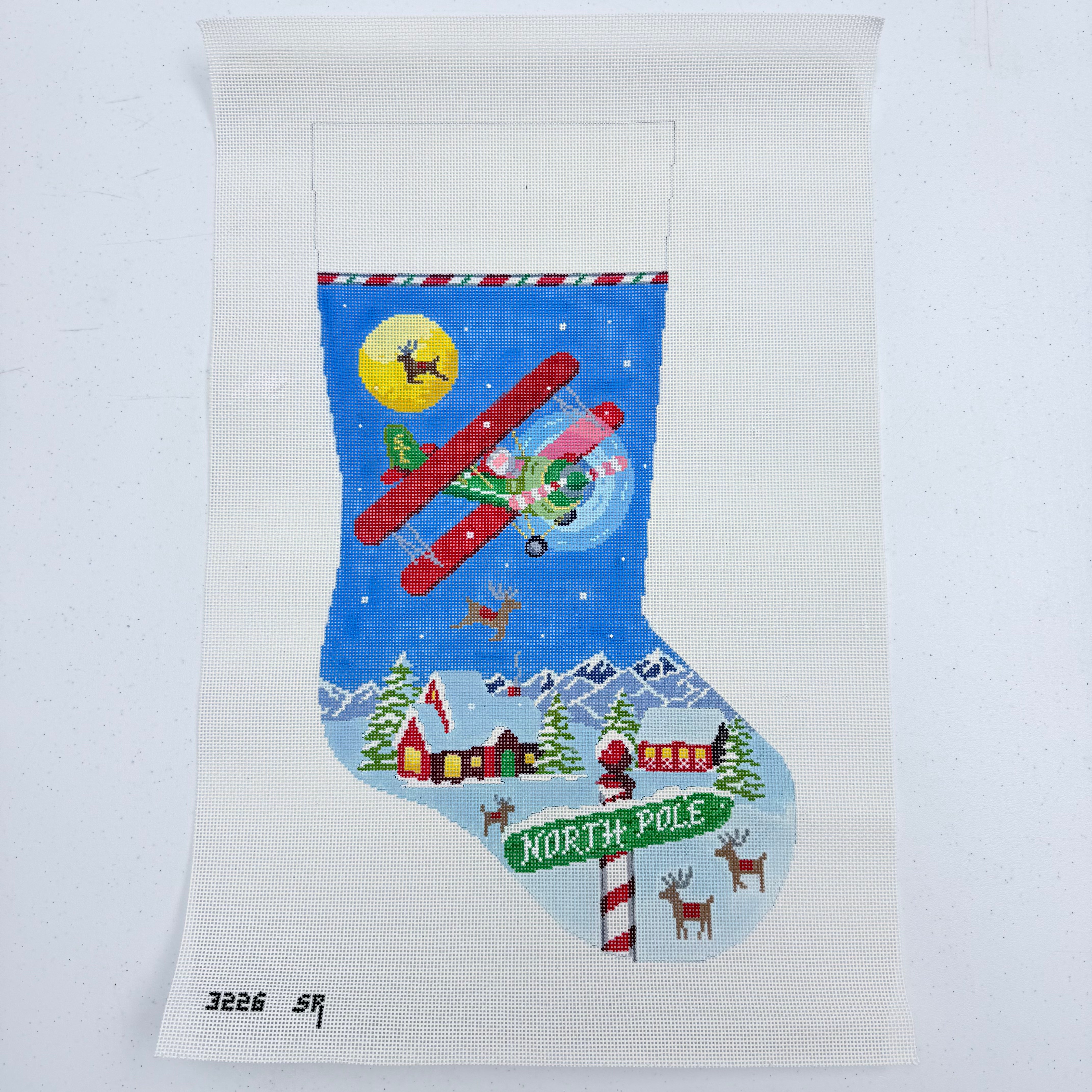 Night Flight Biplane Stocking Canvas - KC Needlepoint