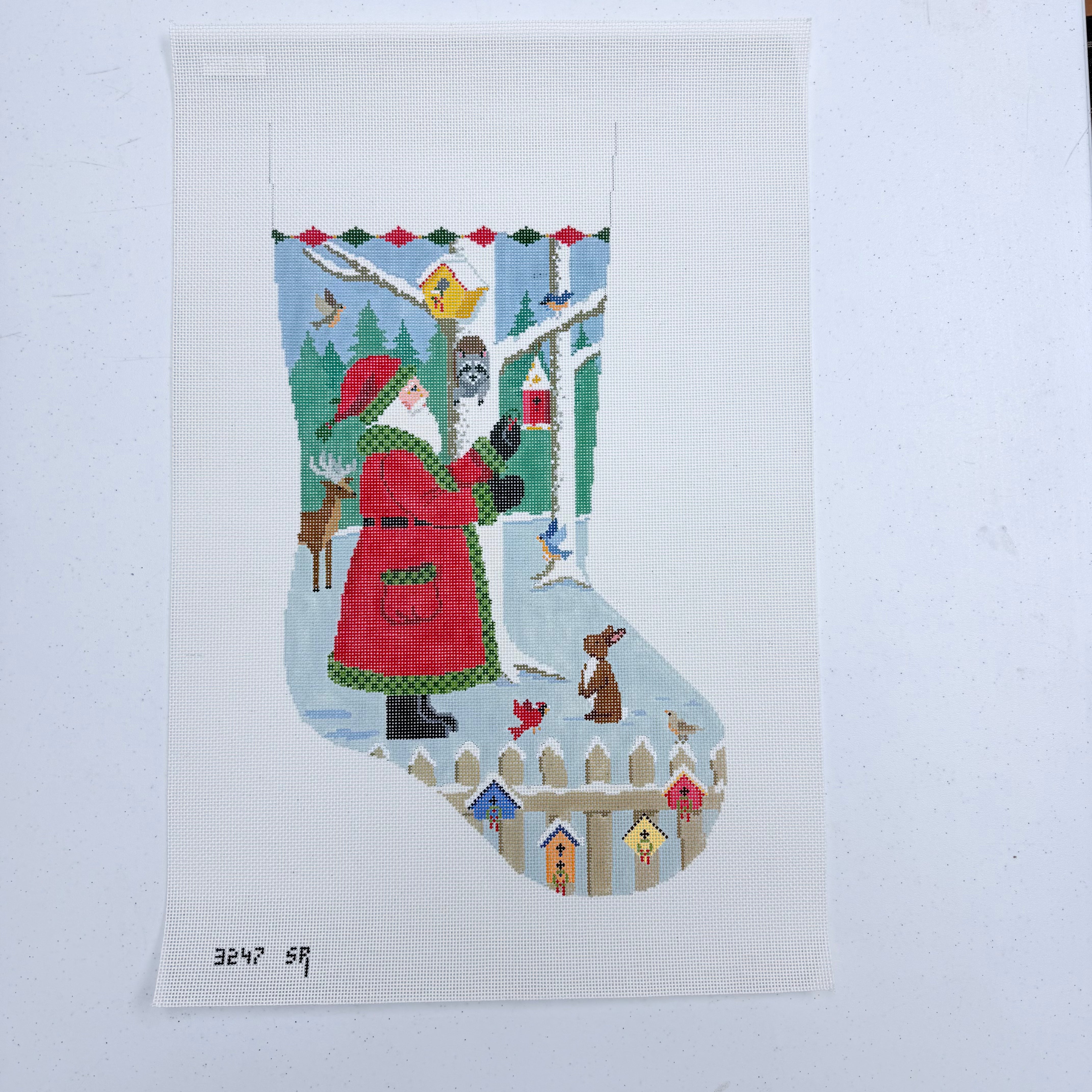 Santa with Bird Wreaths Stocking Canvas - KC Needlepoint