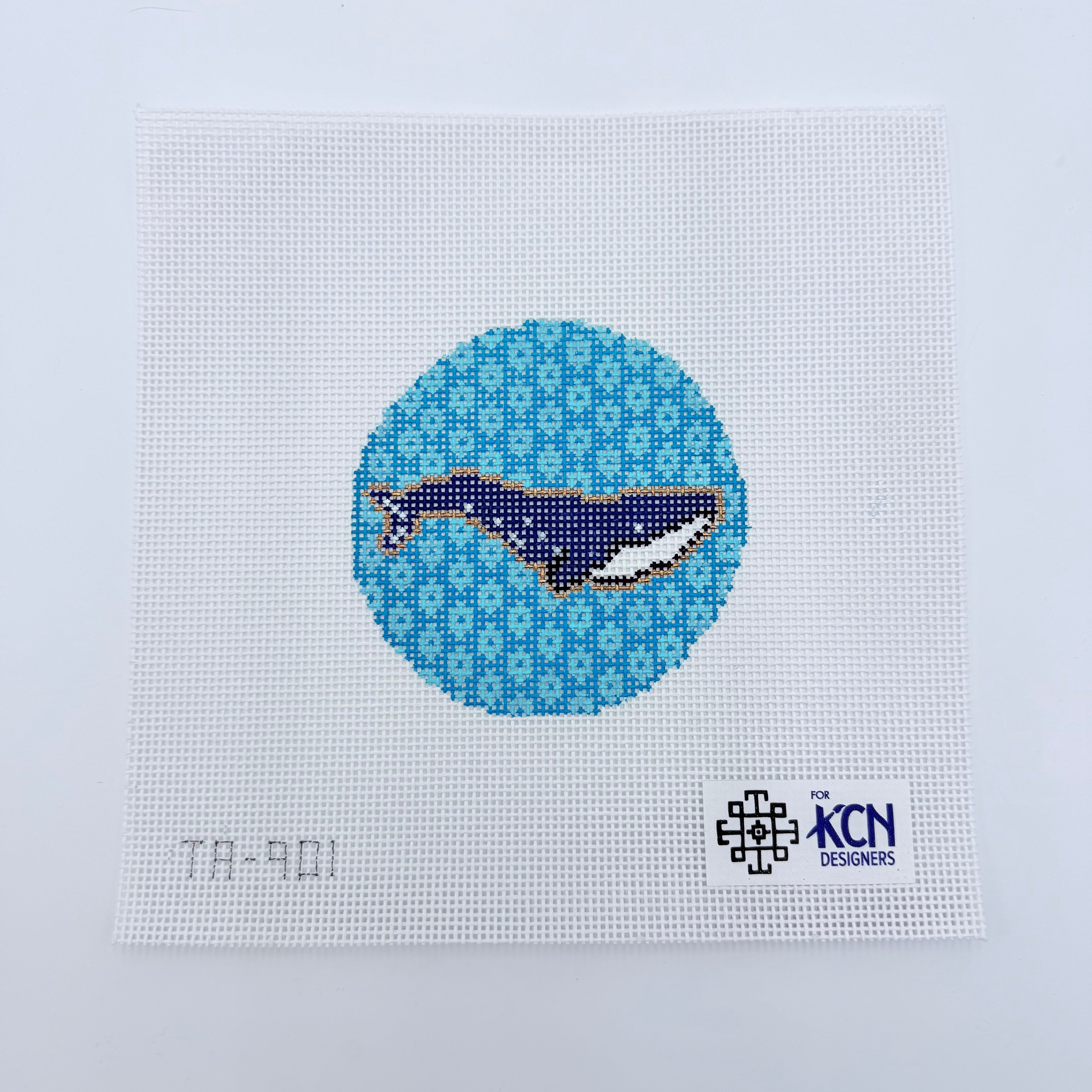 Whale on Blue Round Canvas - KC Needlepoint