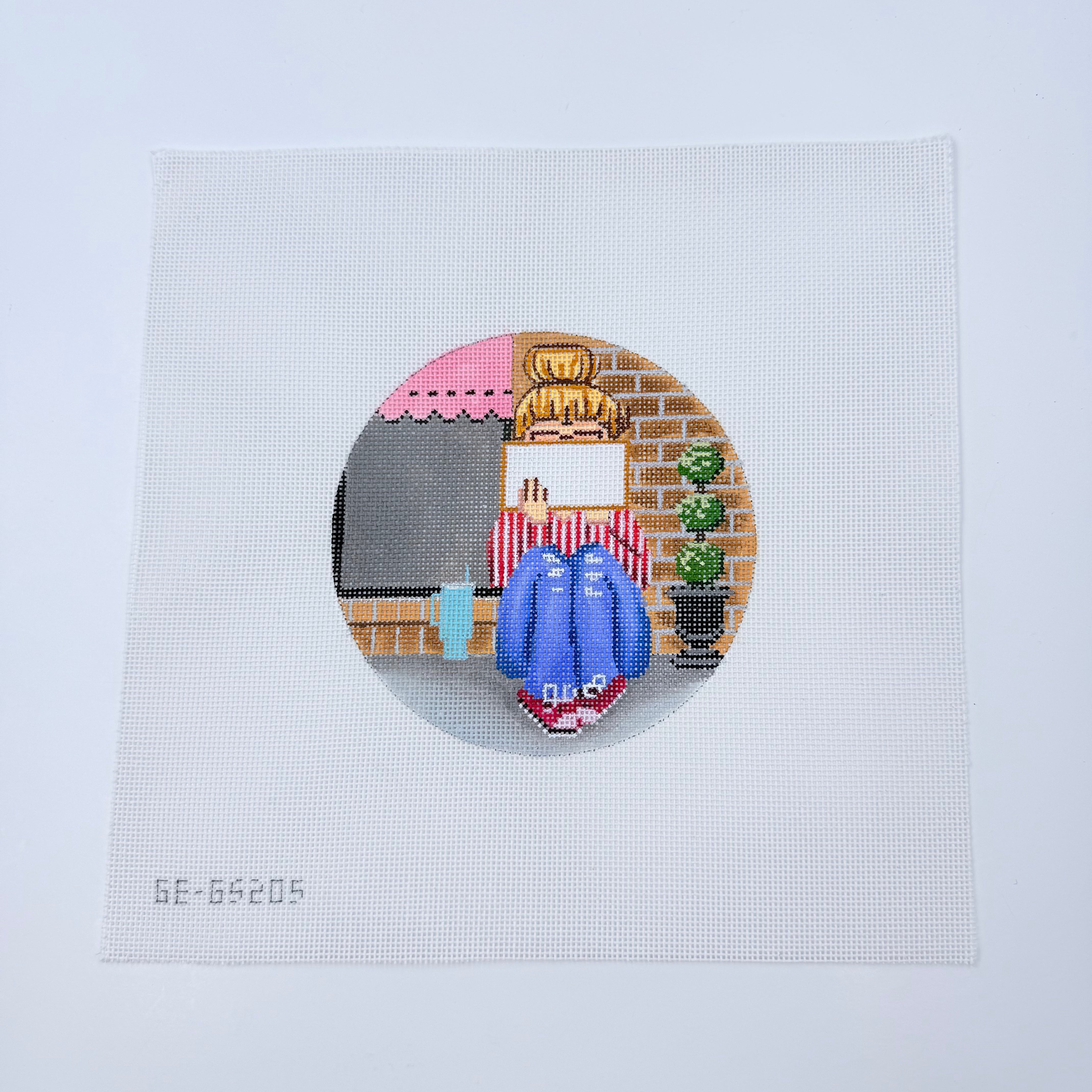 Stitching Girl Round Canvas - KC Needlepoint