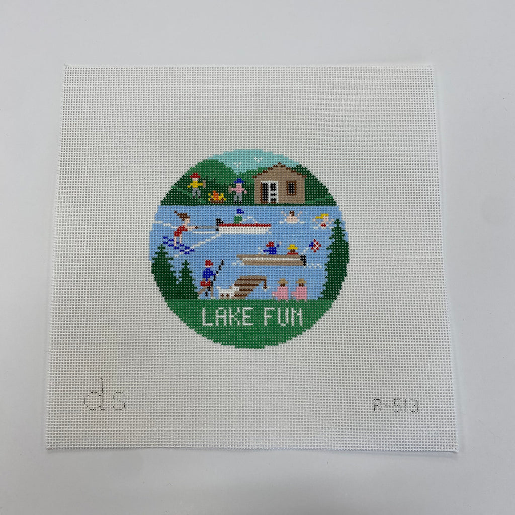 Lake Fun Travel Round Canvas - KC Needlepoint