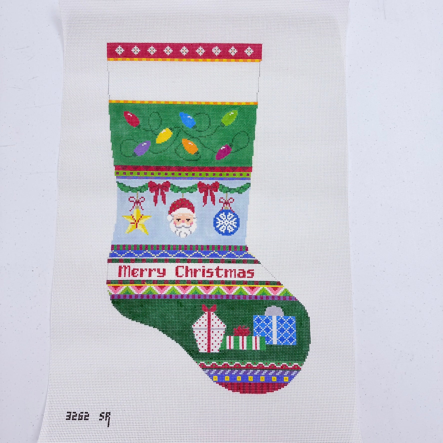 Bold Stripe Lights, Ornaments, Presents Stocking Canvas - KC Needlepoint