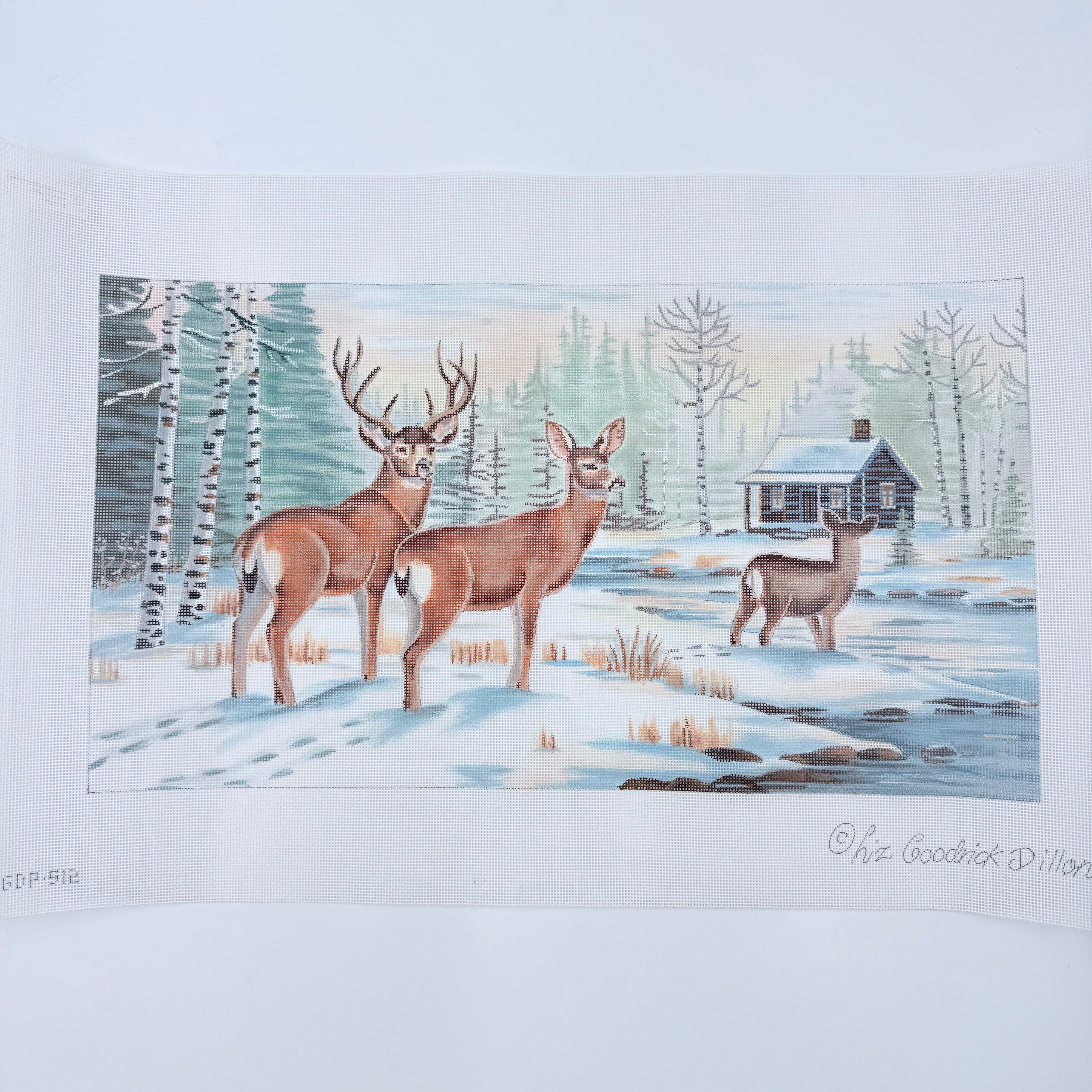 Pair of Deer at Cabin Canvas - KC Needlepoint