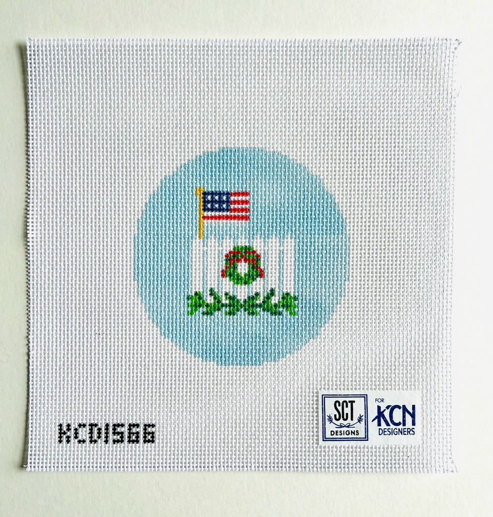 Flag and Picket Fence Round Canvas - KC Needlepoint