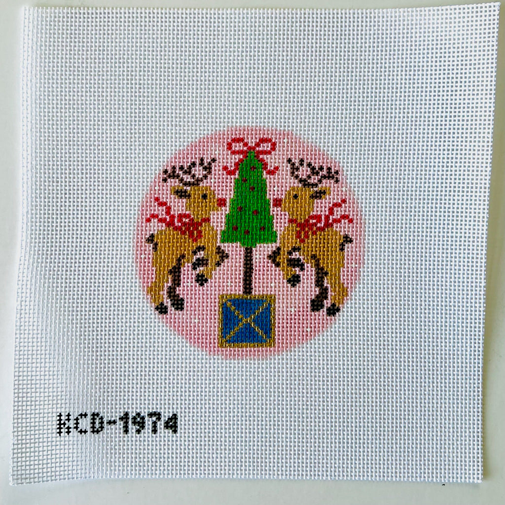 Rudolph with Topiary Pink Canvas - KC Needlepoint