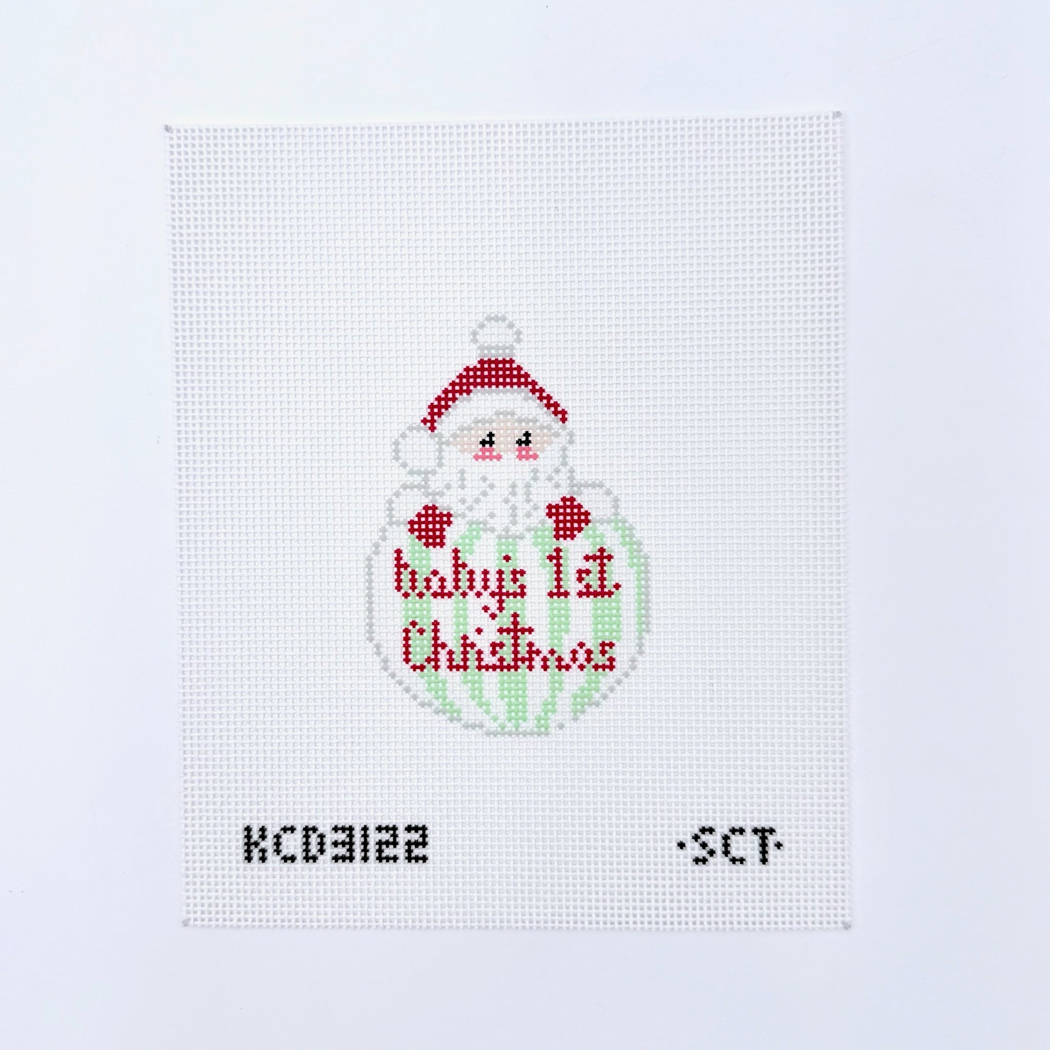 Baby’s First Christmas Santa Ornament - Green Canvas - KC Needlepoint