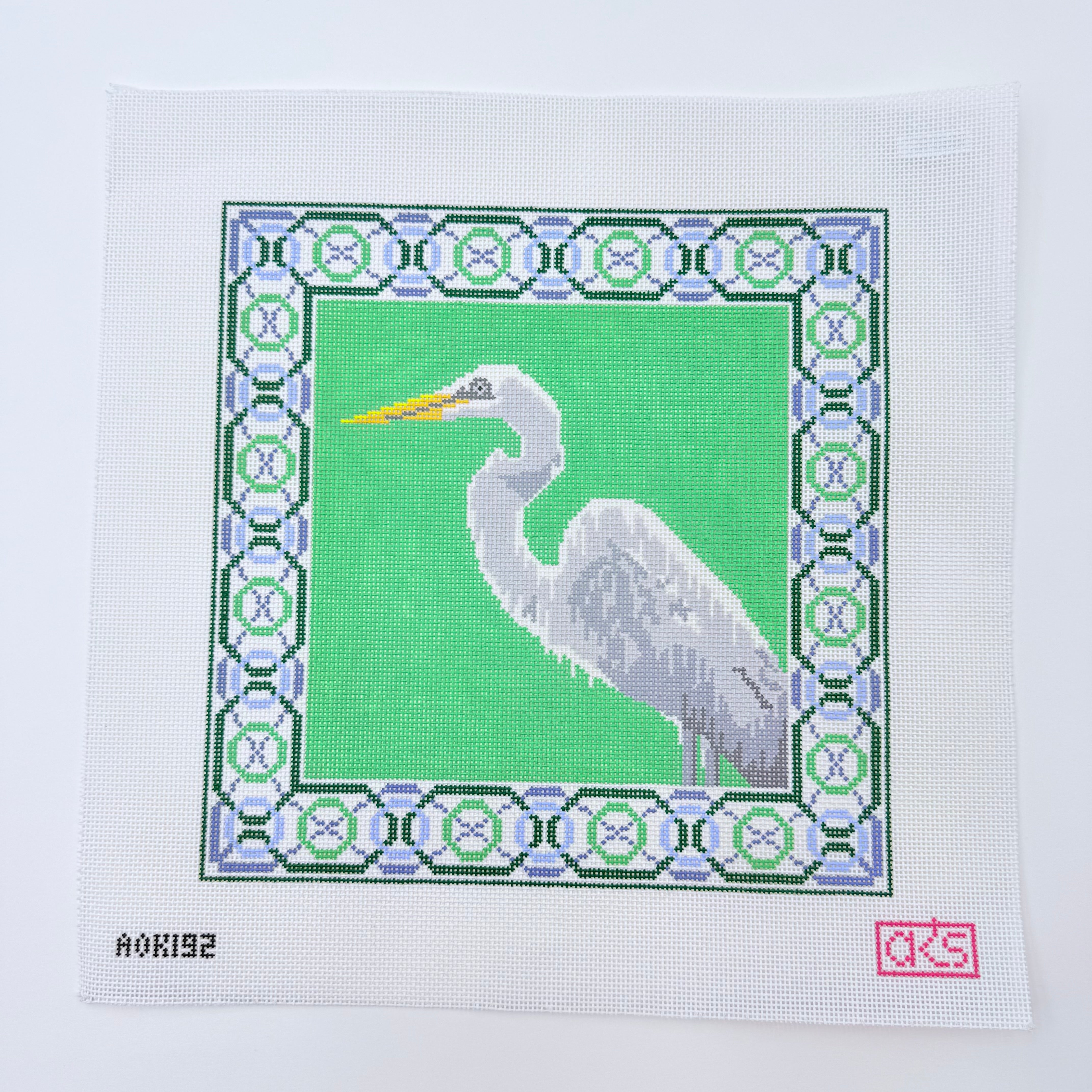 Egret on Green Canvas - KC Needlepoint