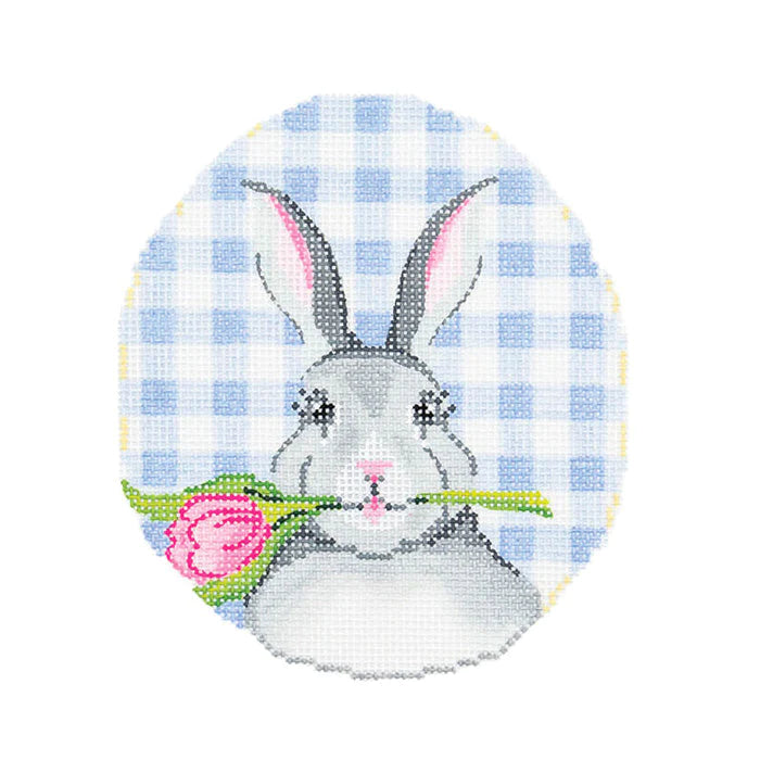 Bunny with Tulip on Blue Gingham Canvas - KC Needlepoint