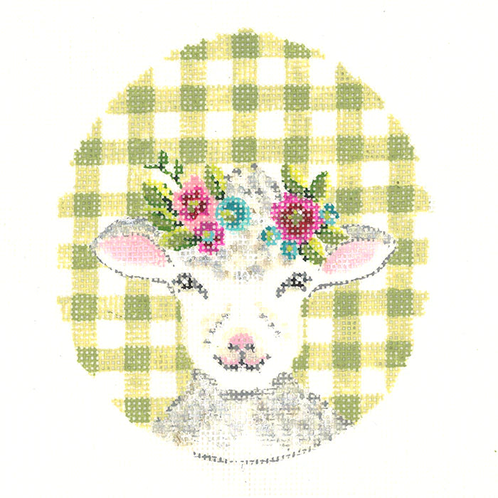 Lamb with Flower Crown on Green Gingham Canvas - KC Needlepoint