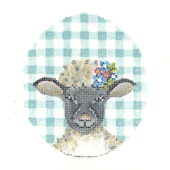Lamb with Flower Crown on Aqua Gingham Canvas - KC Needlepoint