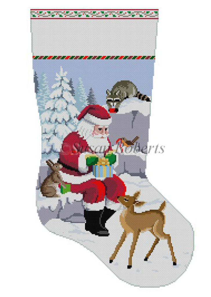 Santa and Animals Wrapping Presents Stocking Canvas - KC Needlepoint