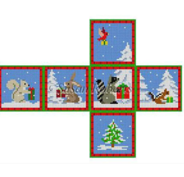 Forest Animals with Presents Cube Ornament Canvas - KC Needlepoint