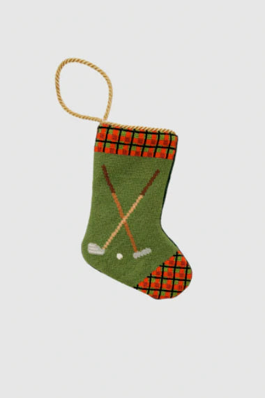Finished Bauble Stocking:  Tee Time Tidings - KC Needlepoint