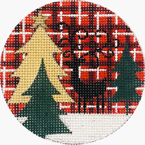 Reindeer and Trees on Plaid Canvas - KC Needlepoint