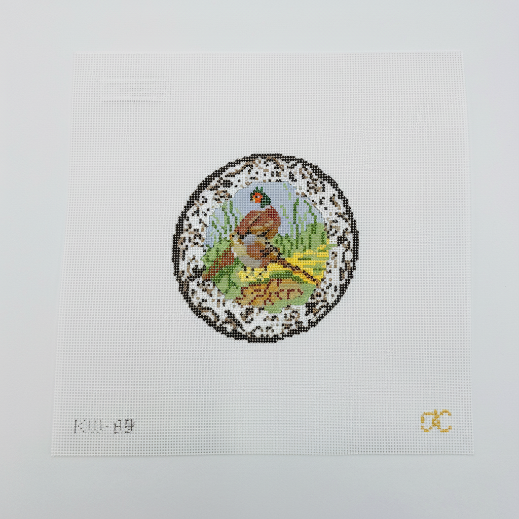 Transferware Pheasant Plate Round Canvas - KC Needlepoint