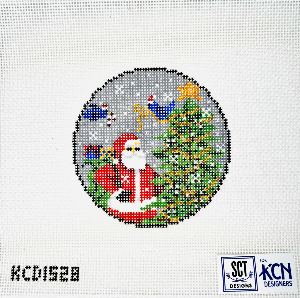 Santa and Birds Round Canvas - KC Needlepoint