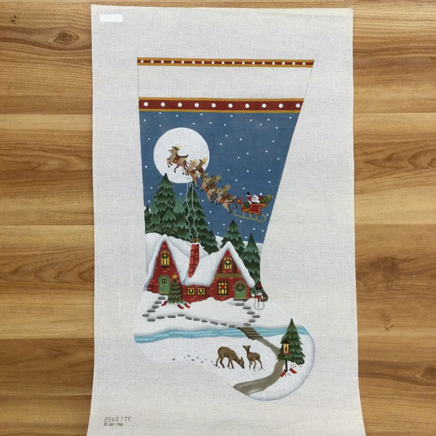 Snowy Red House Stocking Canvas - KC Needlepoint