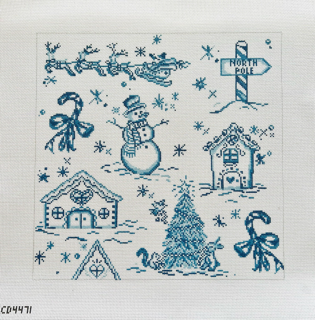 Blue Christmas Toile Pillow Canvas - KC Needlepoint