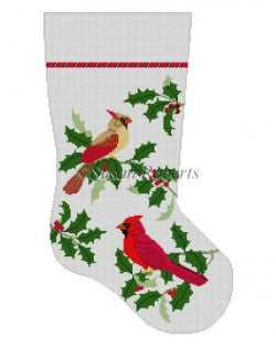 Cardinals in Holly Stocking Canvas - KC Needlepoint