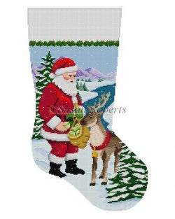 Santa Feeding Apples to Reindeer Stocking Canvas - KC Needlepoint