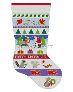 Santa and Animals Stripe Stocking Canvas - KC Needlepoint